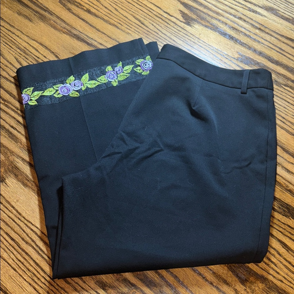 Karen Kane Lifestyle black slacks with floral trim